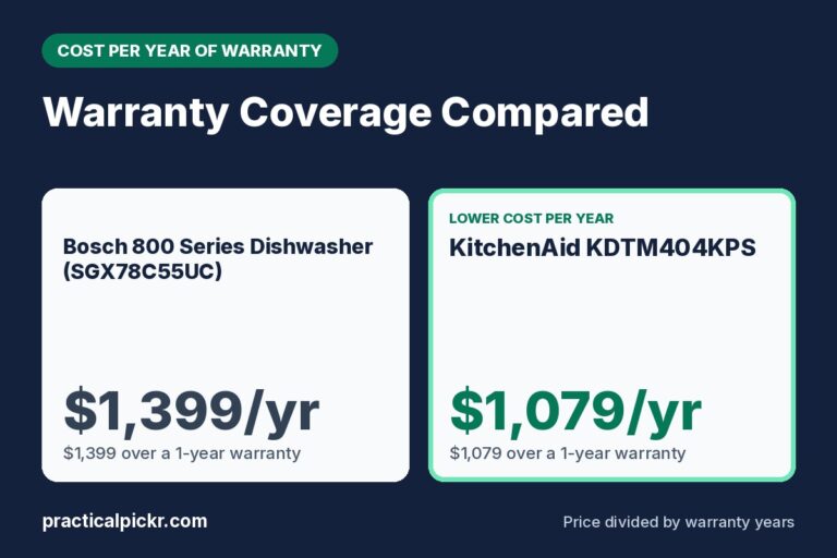 Bosch 800 Series Dishwasher (SGX78C55UC) vs KitchenAid KDTM404KPS: cost per year of warranty
