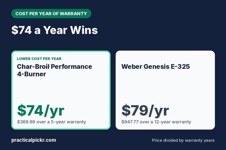 Char-Broil Performance 4-Burner vs Weber Genesis E-325: cost per year of warranty