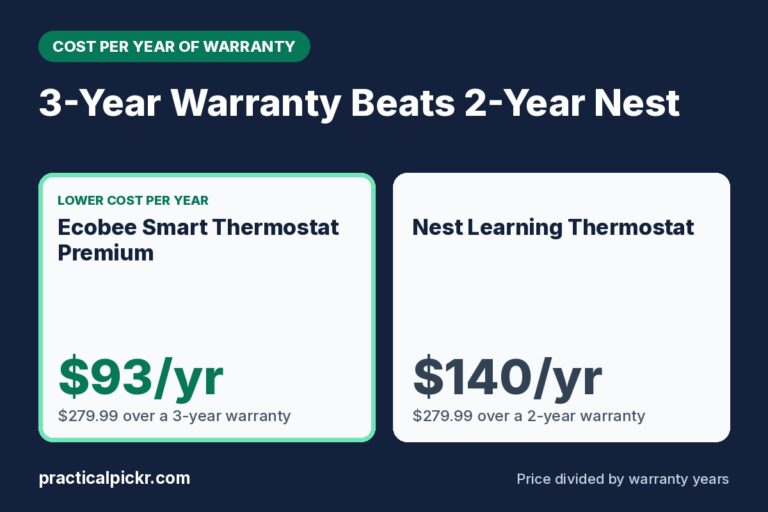 Ecobee Smart Thermostat Premium vs Nest Learning Thermostat: a round smart thermostat mounted on a neutral hallway wall in daylight