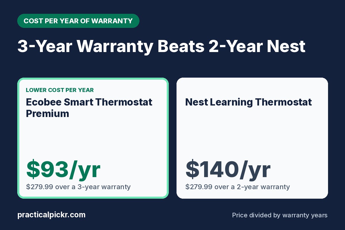 Ecobee Smart Thermostat Premium vs Nest Learning Thermostat: a round smart thermostat mounted on a neutral hallway wall in daylight